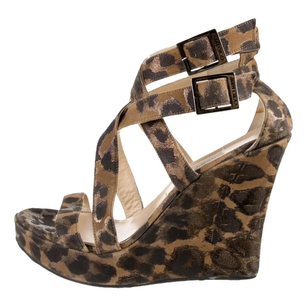 Jimmy Choo Animal Print Leather Wedge Sandals With Double Buckle Straps 38